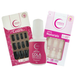 Kit de Unhas Color Universo Black, Natural Quadrada Média e Cola 5 gramas.