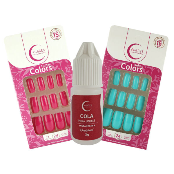 Kit de Unhas Colors Azul Piscina, Rosa Pink e Cola 3g.