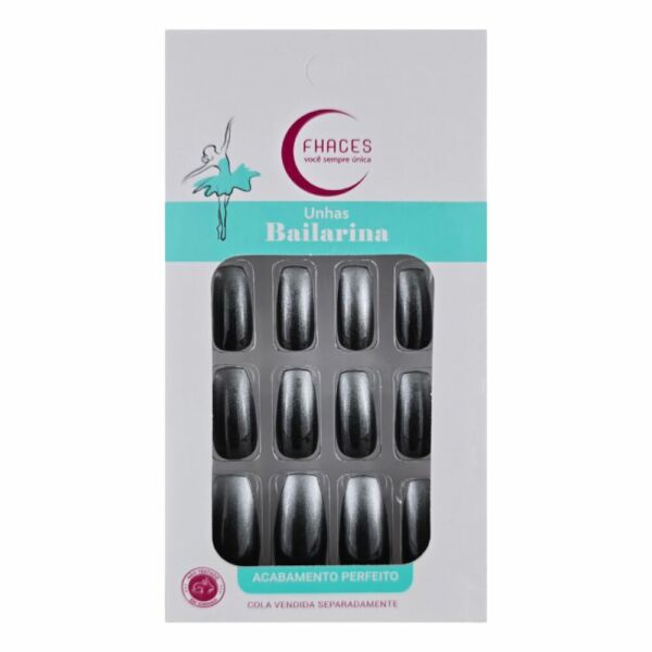Unhas Fhaces Bailarina Preta Ponta Prata Metálica